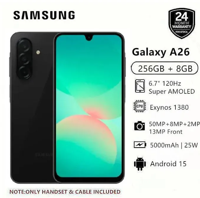 New Arrival] Samsung Galaxy A26 5G 256GB+8GB 6.7" 120Hz Super AMOLED Display 50MP+13MP Cameras Exynos 1380 Chipset 5000mAh Battery 25W Fast Charge IP67 Dust/Water Resistant Smart Phone
