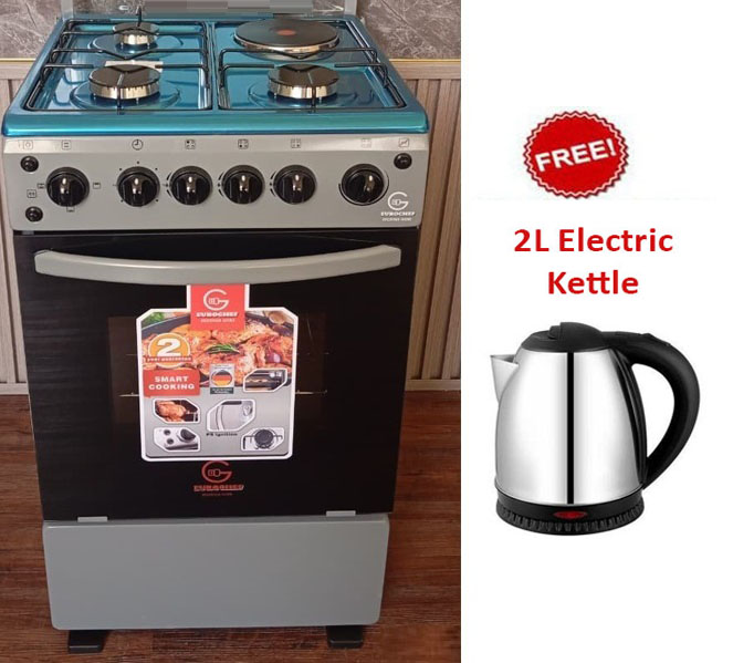 EUROCHEF 50x55, 3 Gas Jet Burners + 1 Hot Plate, Electric Oven Free Standing Cooker + KETTLE