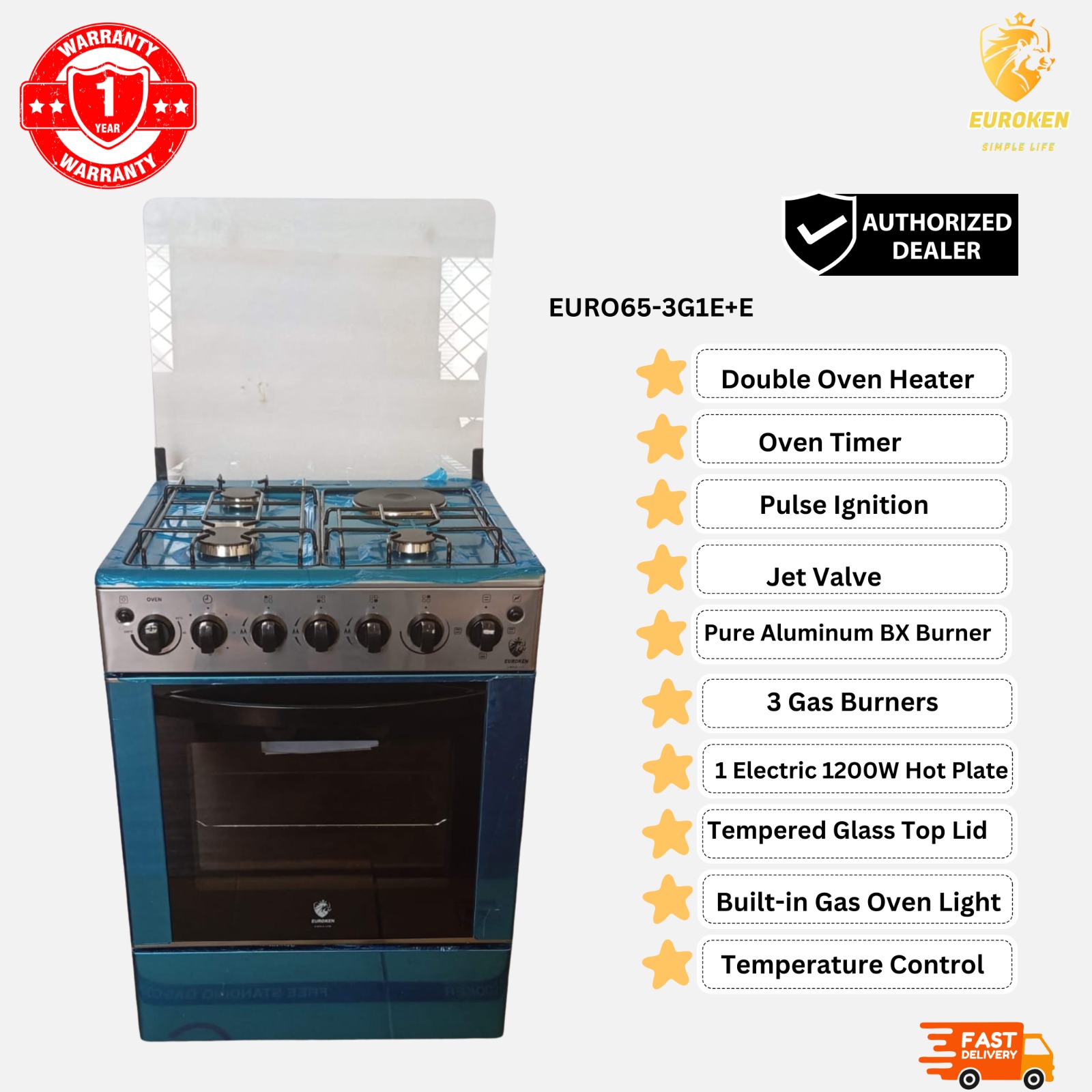 EUROKEN 60cm x 60cm, 3 Gas Jet Burners + 1 Rapid Hot Plate, Electric Oven Standing Cooker