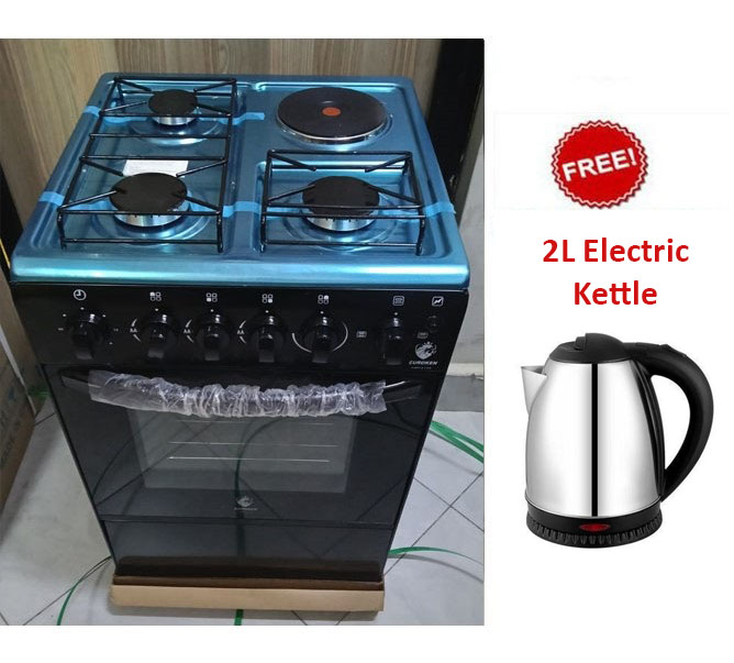 EUROKEN 50cm x 55cm, 3 Gas Jet Burners + 1 Hot Plate, Electric Oven Standing Cooker