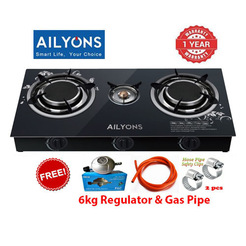 AILYONS 3 Burner INFRARED Glass Top Gas Cooker