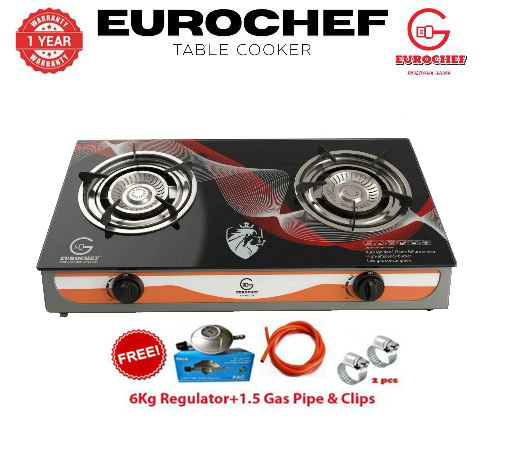 EUROCHEF 2-Burner Tempered Glass Top Gas Cooker