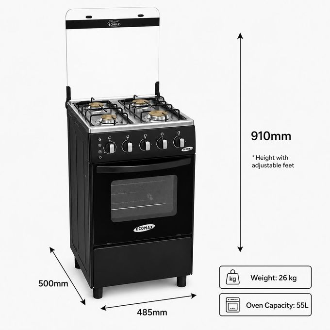ECOMAX 50cm x 55cm, All 4 Gas Free Standing Cooker + Electric Oven