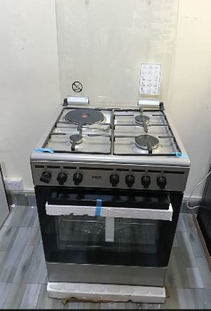 VON 60 X 60, 3 Gas Jet Burners + 1 Hot Plate Standing Cooker, FLAME FAILURE SAFETY & TURBO FAN, Electric Oven Cooker