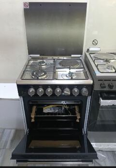HAIER 60x60, 3 Jet Gas (1 Wok) Burners + 1 Hot Plate, FLAME FAILURE SAFETY, Rotisserie, Black Body with Stainless Steel Top Standing Cooker