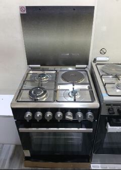 HAIER 60x60, 3 Jet Gas (1 Wok) Burners + 1 Hot Plate, FLAME FAILURE SAFETY, Rotisserie, Black Body with Stainless Steel Top Standing Cooker