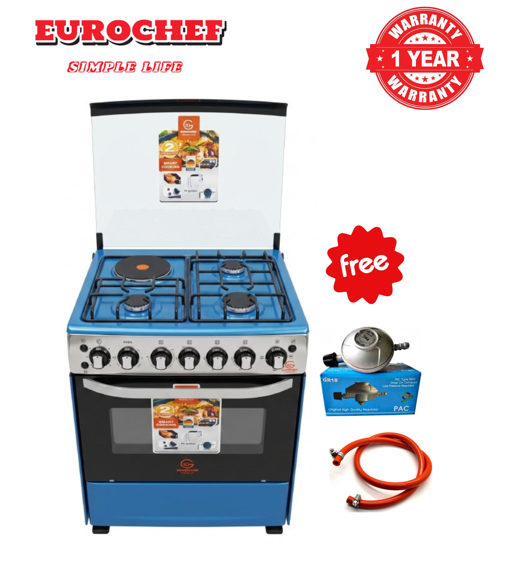 EUROCHEF 50*55, 3 Gas Jet Burners + 1 Hot Plate, Electric Oven Standing Cooker + GIFTS