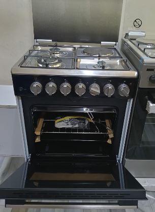 HAIER 60x60, 3 Jet Gas (1 Wok) Burners + 1 Hot Plate, FLAME FAILURE SAFETY, Rotisserie, Black Body with Stainless Steel Top Standing Cooker
