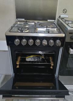 HAIER 60x60, 3 Jet Gas (1 Wok) Burners + 1 Hot Plate, FLAME FAILURE SAFETY, Rotisserie, Black Body with Stainless Steel Top Standing Cooker
