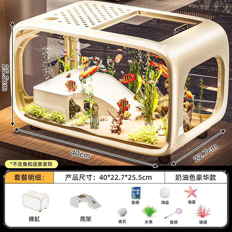Desktop Aquarium with Lid, Transparent Plastic Goldfish Tank for Living Room, Landscape Decoration for Small Fish/Turtles