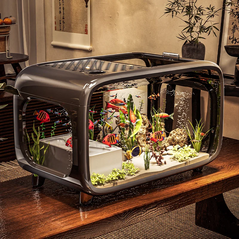 Desktop Aquarium with Lid, Transparent Plastic Goldfish Tank for Living Room, Landscape Decoration for Small Fish/Turtles