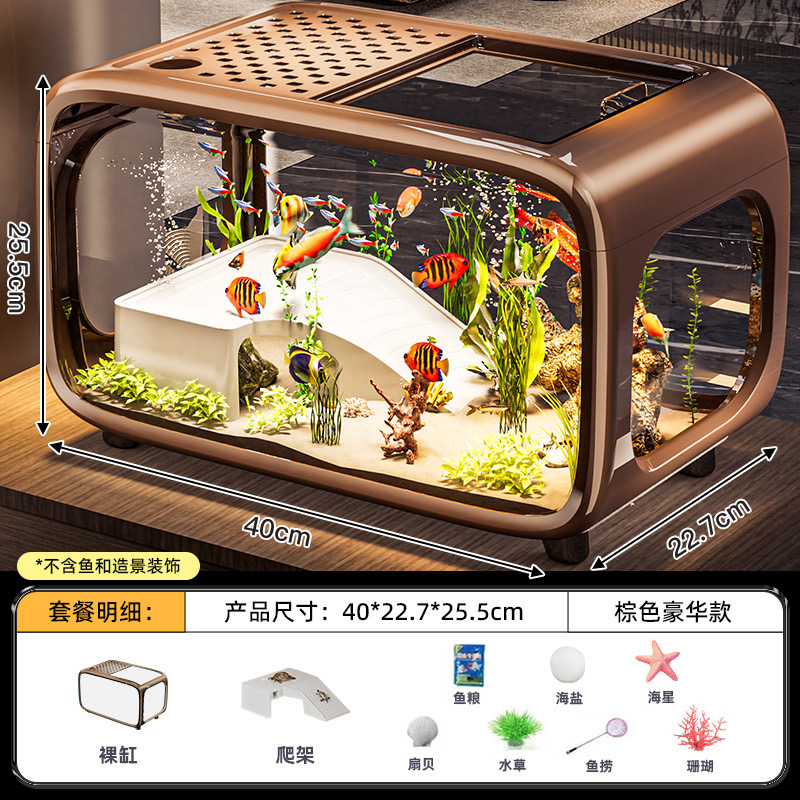 Desktop Aquarium with Lid, Transparent Plastic Goldfish Tank for Living Room, Landscape Decoration for Small Fish/Turtles