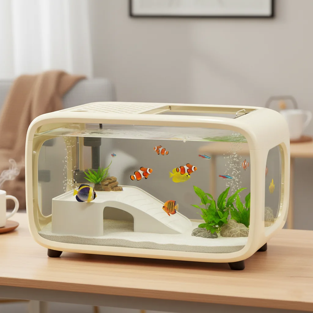 Desktop Aquarium with Lid, Transparent Plastic Goldfish Tank for Living Room, Landscape Decoration for Small Fish/Turtles