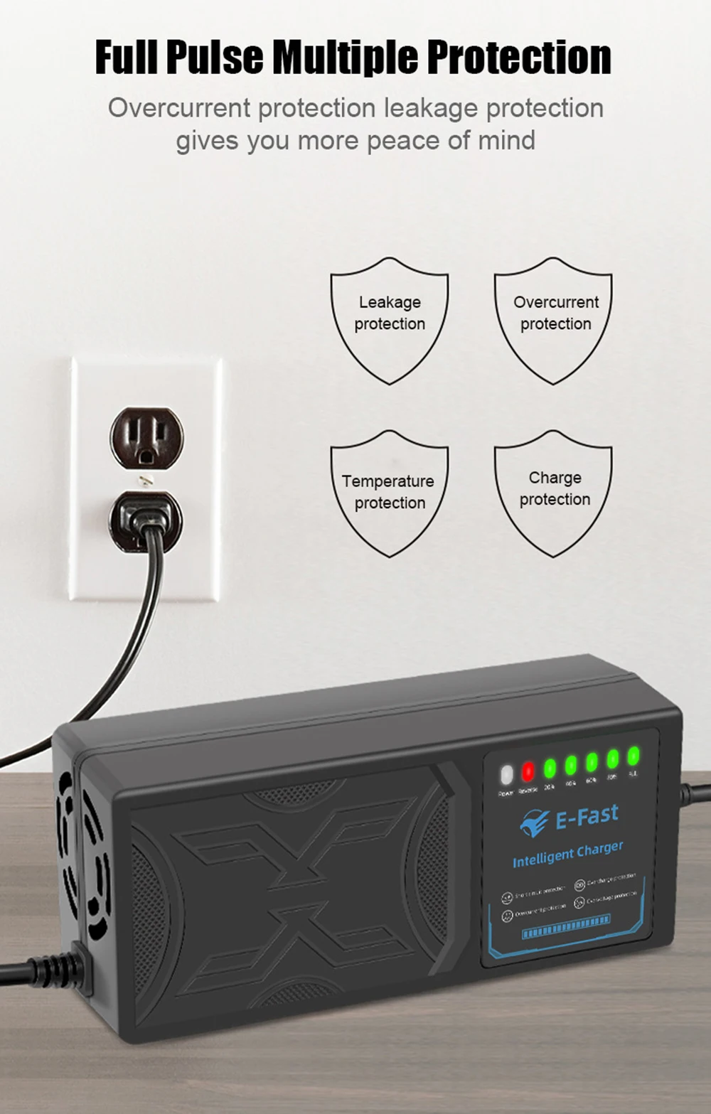 72V 32Ah Electric Scooter Charger with Reverse Polarity Protection, Auto Shut-off When Fully Charged, and Temperature Protection