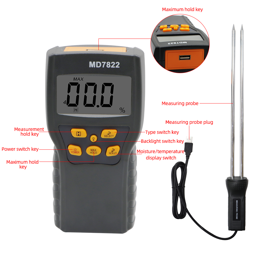 MD7822 Digital Grain Moisture Meter LCD Display Humidity Tester Contains Wheat Corn Rice Test Hygrometer Damp Detector 30% off