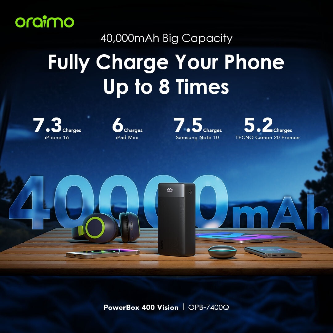 DISCOUNT DEALS!! Oraimo PowerBox 400 Vision: | 40000mAh | 22.5W 2-Way Recharging | 4-Device Charging | 4 Outputs | USB-A/Type-C Ports | LED Digital Display | Overcurrent Protection | Power Banks