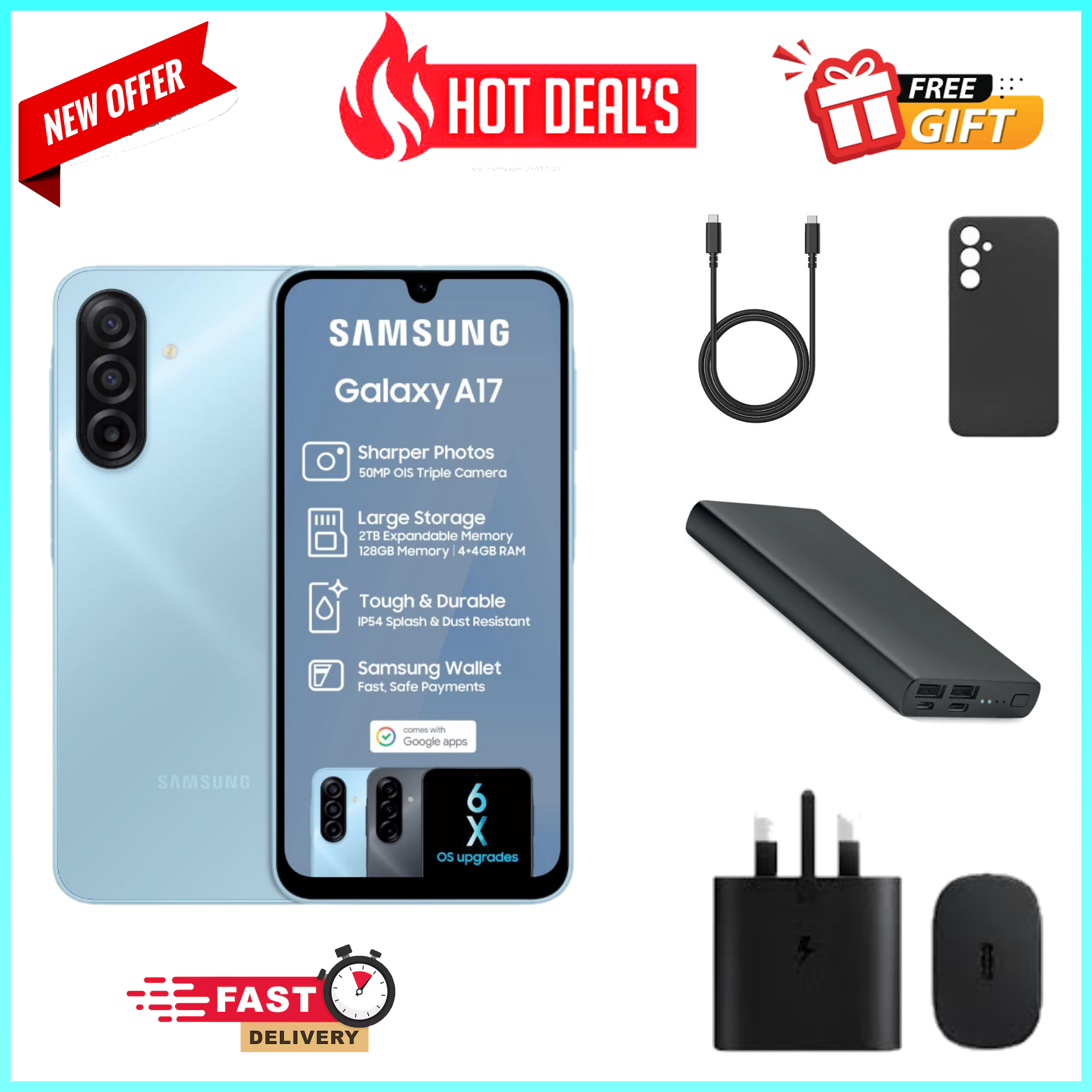 LIMITED TIME OFFERS!! Samsung Galaxy A17 128GB+4GB 6.7" Super AMOLED Display 50MP Camera Android 15 IP54 Waterproof 5000mAh 25W Type-C AI Smart Phones Samsung A17 A17 samsung +FREEGIFTS smartphone