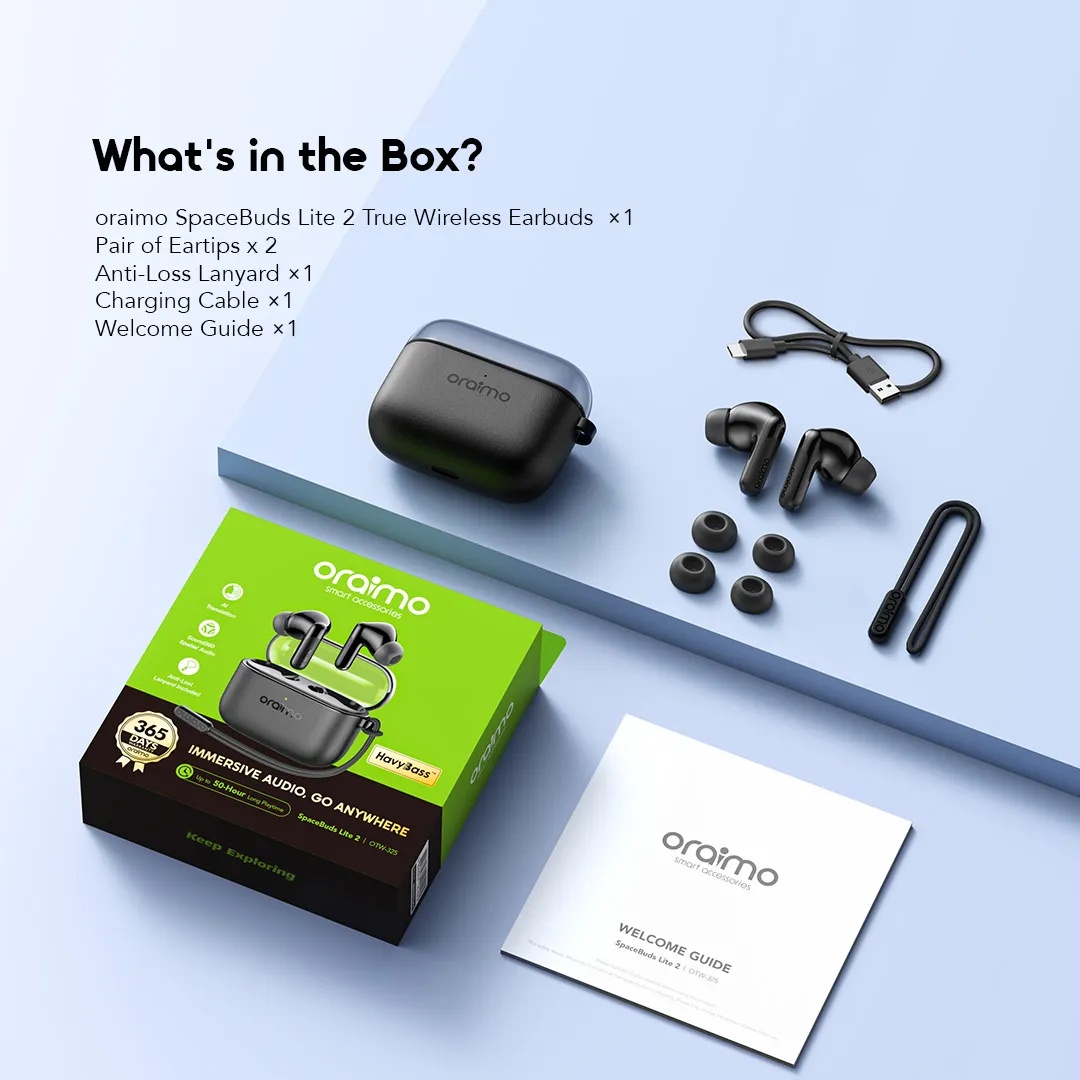 NEW ARRIVAL DEALS!! oraimo SpaceBuds Lite 2 (OTW 325): 7.5-Hr Playtime | AI Translation & Voice Prompt | Sound360 Spatial Audio | HD Voice in Calls | IPX4 Water Resistant | Anti-Lost Lanyard | Earbuds