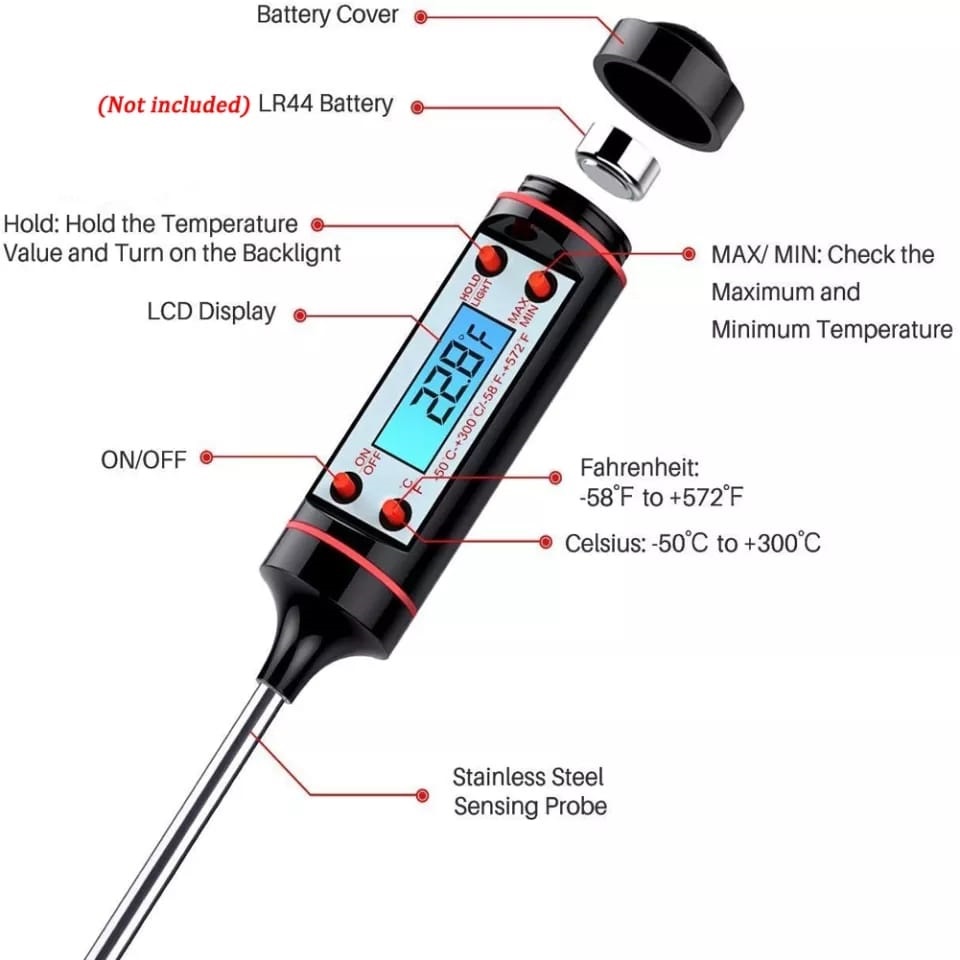 Premium Digital Food Thermometer Instant Read Kitchen Thermometer with LED Display Celsius & Fahrenheit Modes Battery Operated Auto Power Off Heat Range -50°C to 300°C Perfect for BBQ, Meat