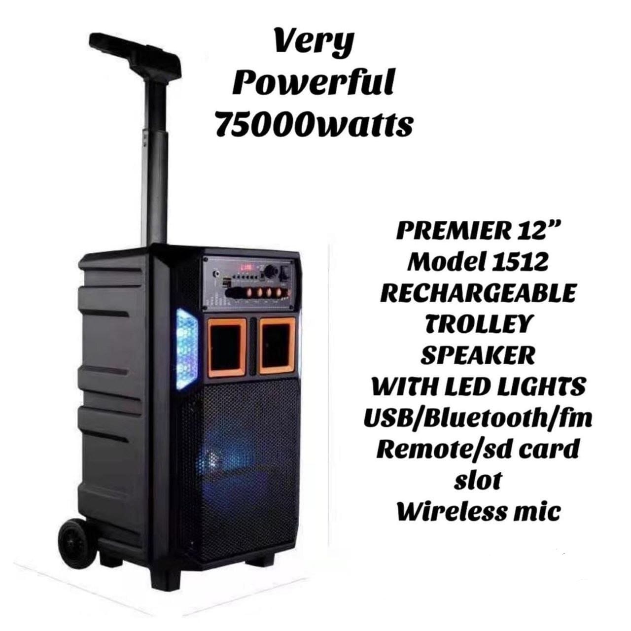 Premier Rechargeable Trolley Speaker With LED Lights Powerful Bass, Party Sound System, Portable & Long Battery Life