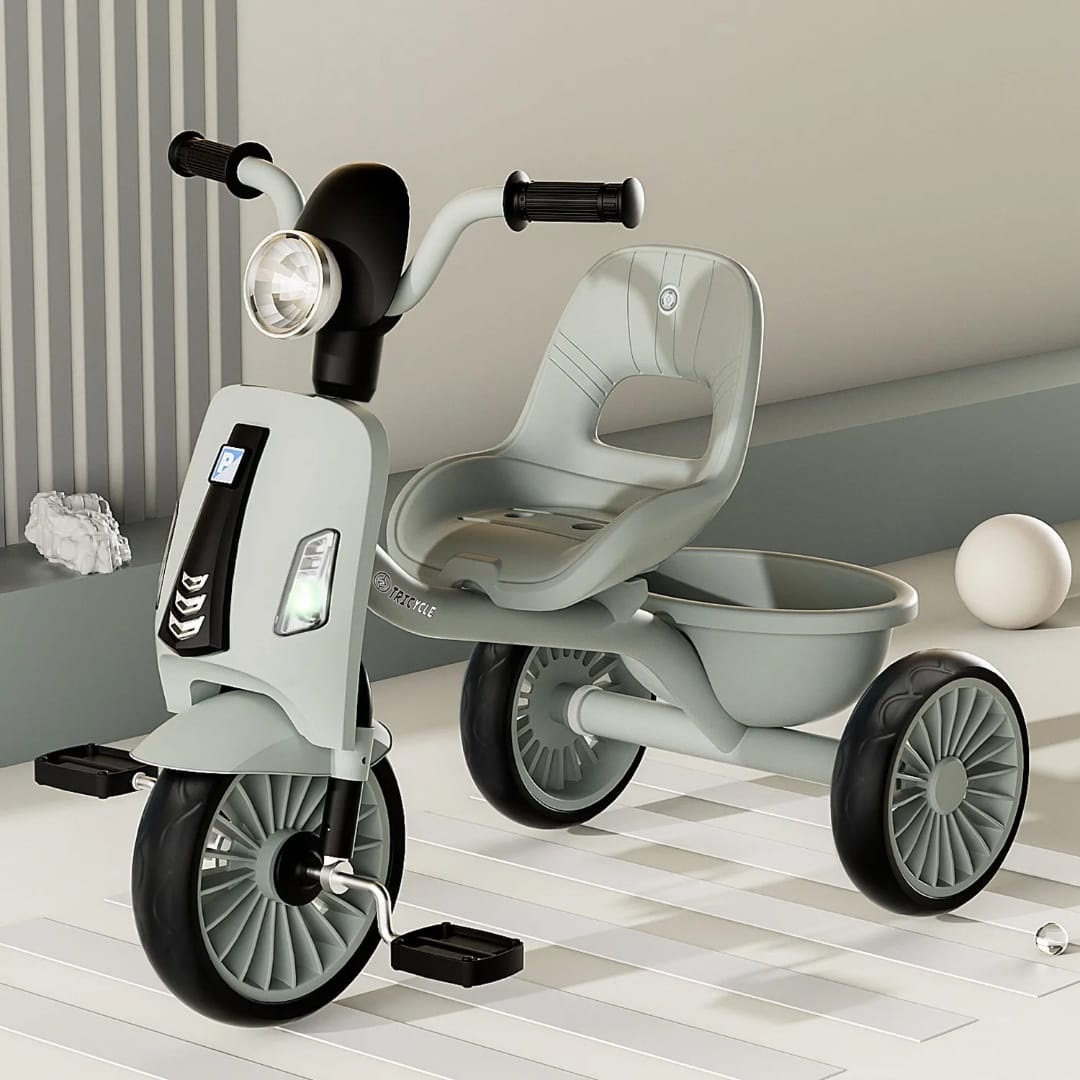 Classy kids tricycle with music & lights featuring a comfortable seat, sturdy pedals, durable wheels and a rare storage basket for carrying toys or small essential