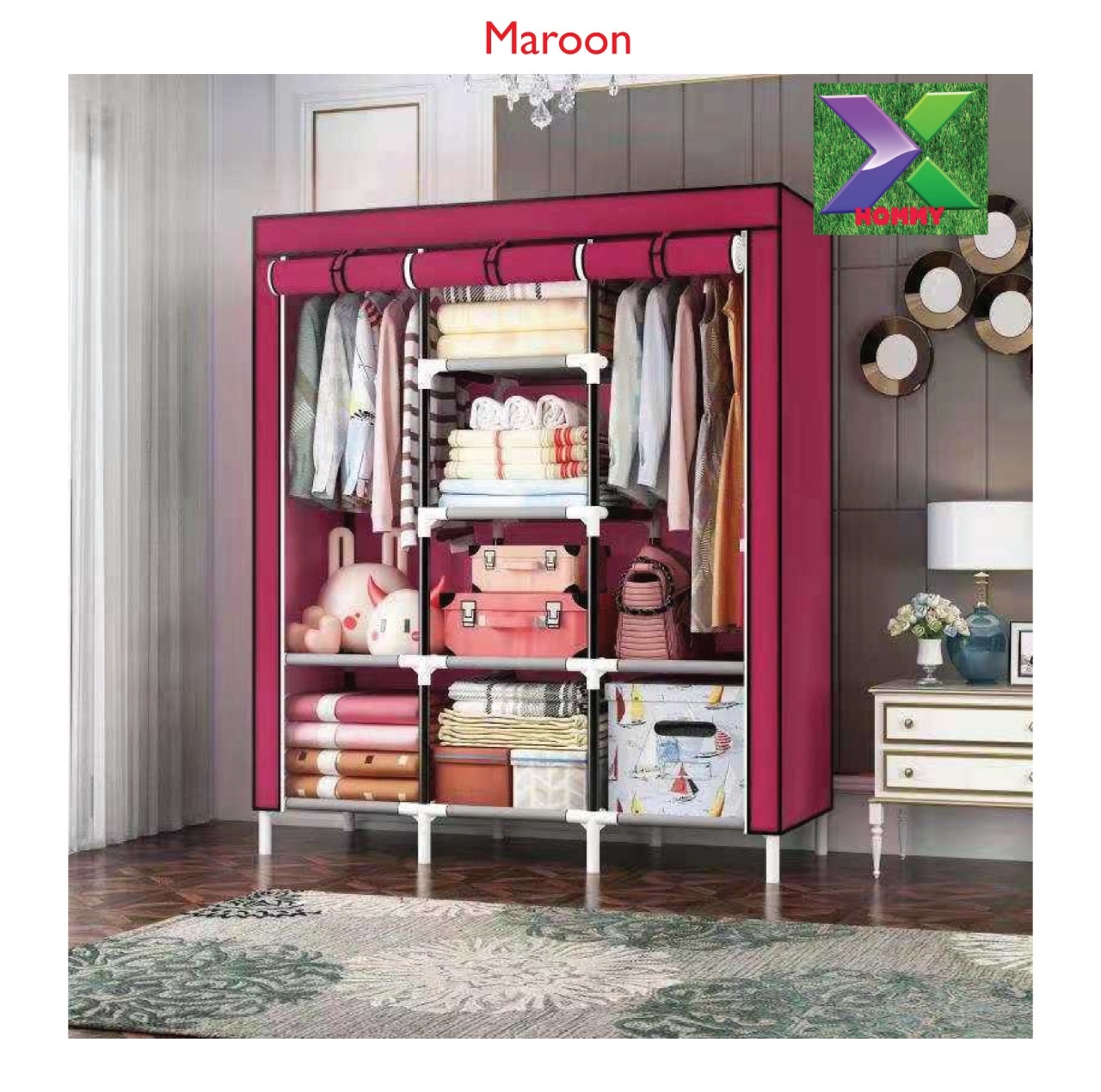 New in portable wooden wardrobe three column lightweight and easy to move