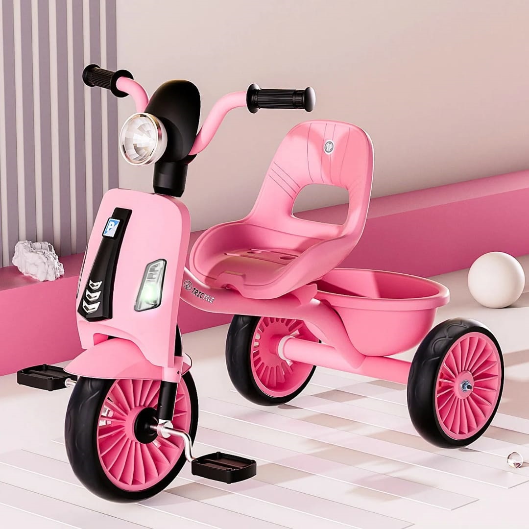 Classy kids tricycle with music & lights featuring a comfortable seat, sturdy pedals, durable wheels and a rare storage basket for carrying toys or small essential