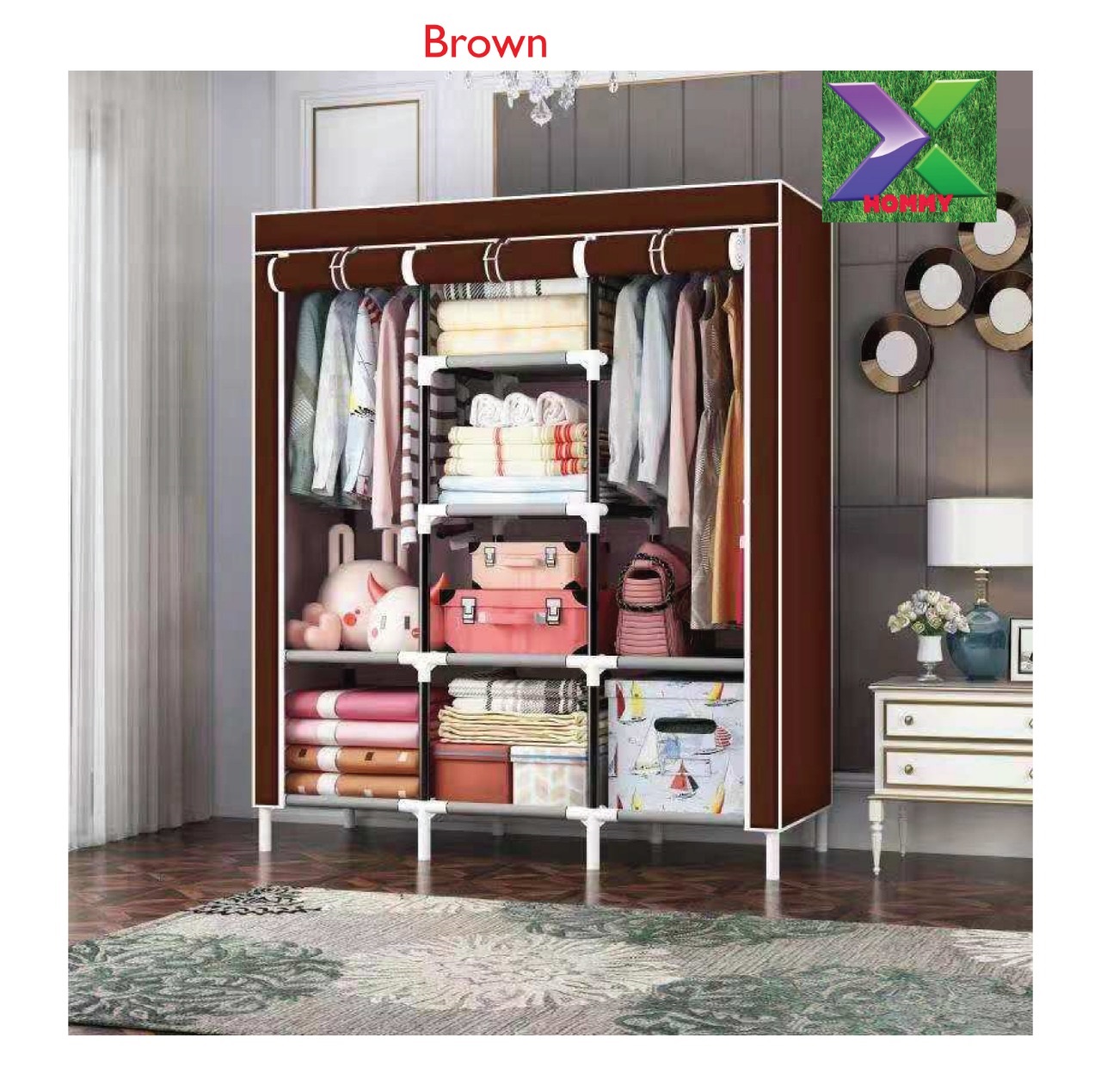 New in portable wooden wardrobe three column lightweight and easy to move