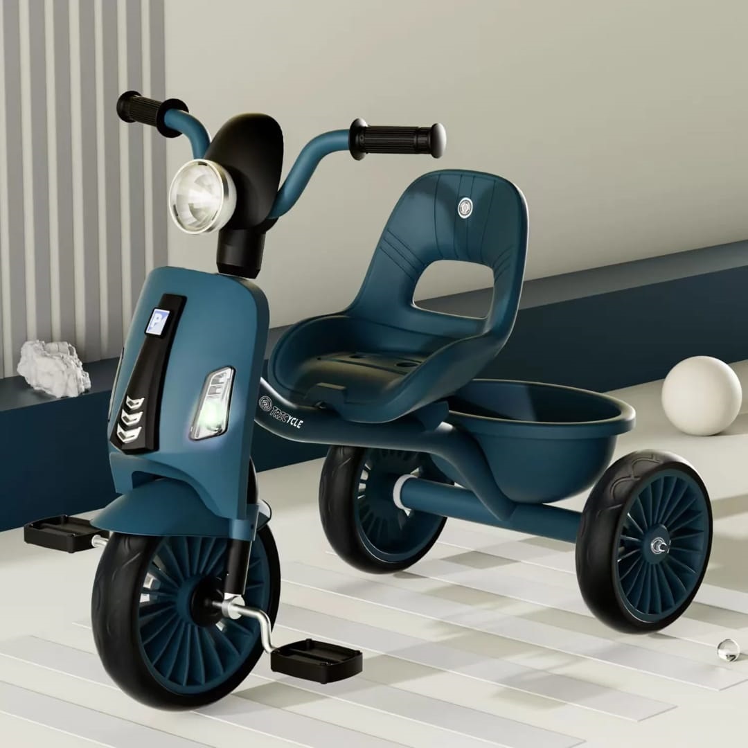 Classy kids tricycle with music & lights featuring a comfortable seat, sturdy pedals, durable wheels and a rare storage basket for carrying toys or small essential