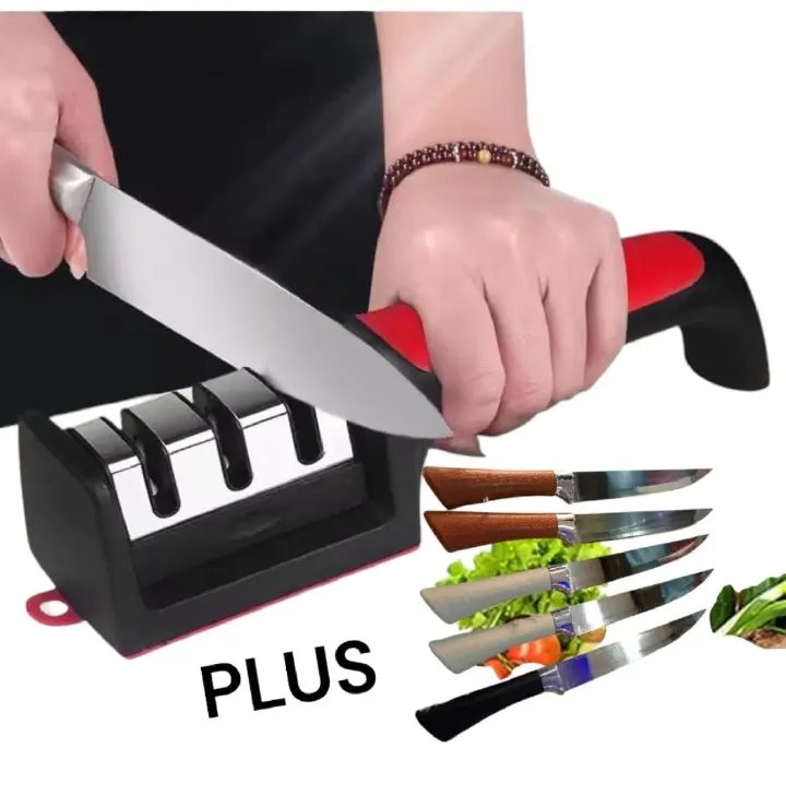 Knife Sharpener with Free Knife Gift – 3-Stage Manual Blade Sharpener, Non-Slip Kitchen Tool for Fast & Safe Sharpening