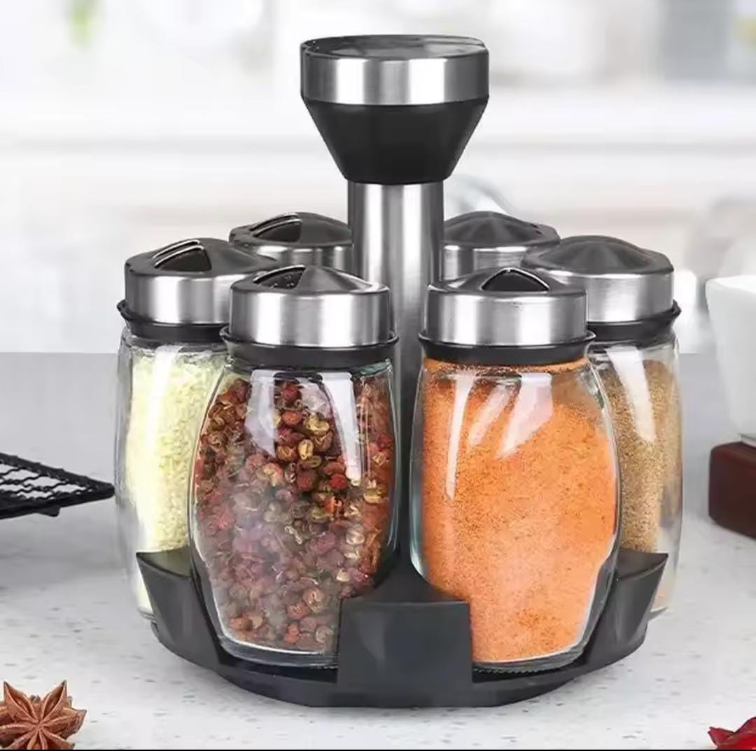 7-in-1 Rotating Spice Jar Set with Stand | Kitchen Seasoning Bottles Organizer | 360° Revolving Spice Rack | Space-Saving Condiment Storage