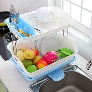 2 Tier Plastic Dish Rack with Drain Tray & Cutlery Holder – Space Saving Kitchen Dish Drying Rack Organizer