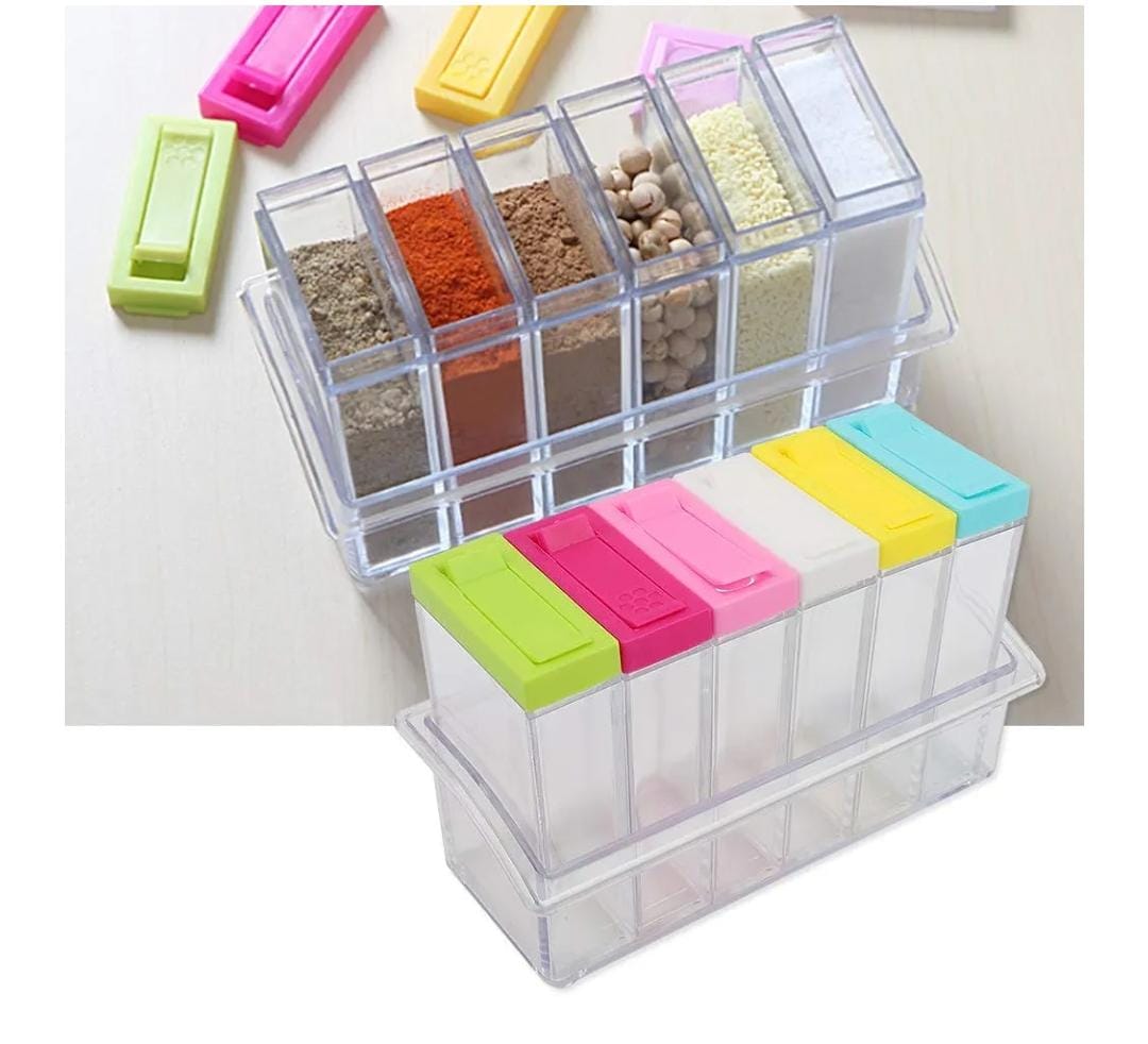 6pcs Acrylic Transparent Colourful Spice Jar Set | Airtight Seasoning Containers with Lids | Kitchen Storage Organizer for Salt, Pepper & Spices