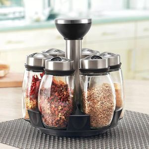 7-in-1 Rotating Spice Jar Set with Stand | Kitchen Seasoning Bottles Organizer | 360° Revolving Spice Rack | Space-Saving Condiment Storage