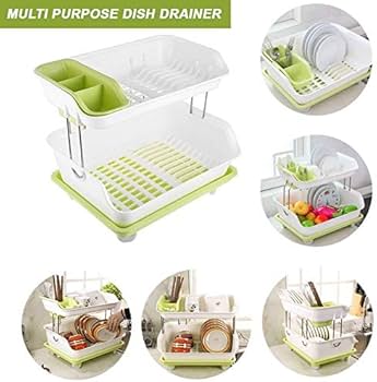 2 Tier Plastic Dish Rack with Drain Tray & Cutlery Holder – Space Saving Kitchen Dish Drying Rack Organizer