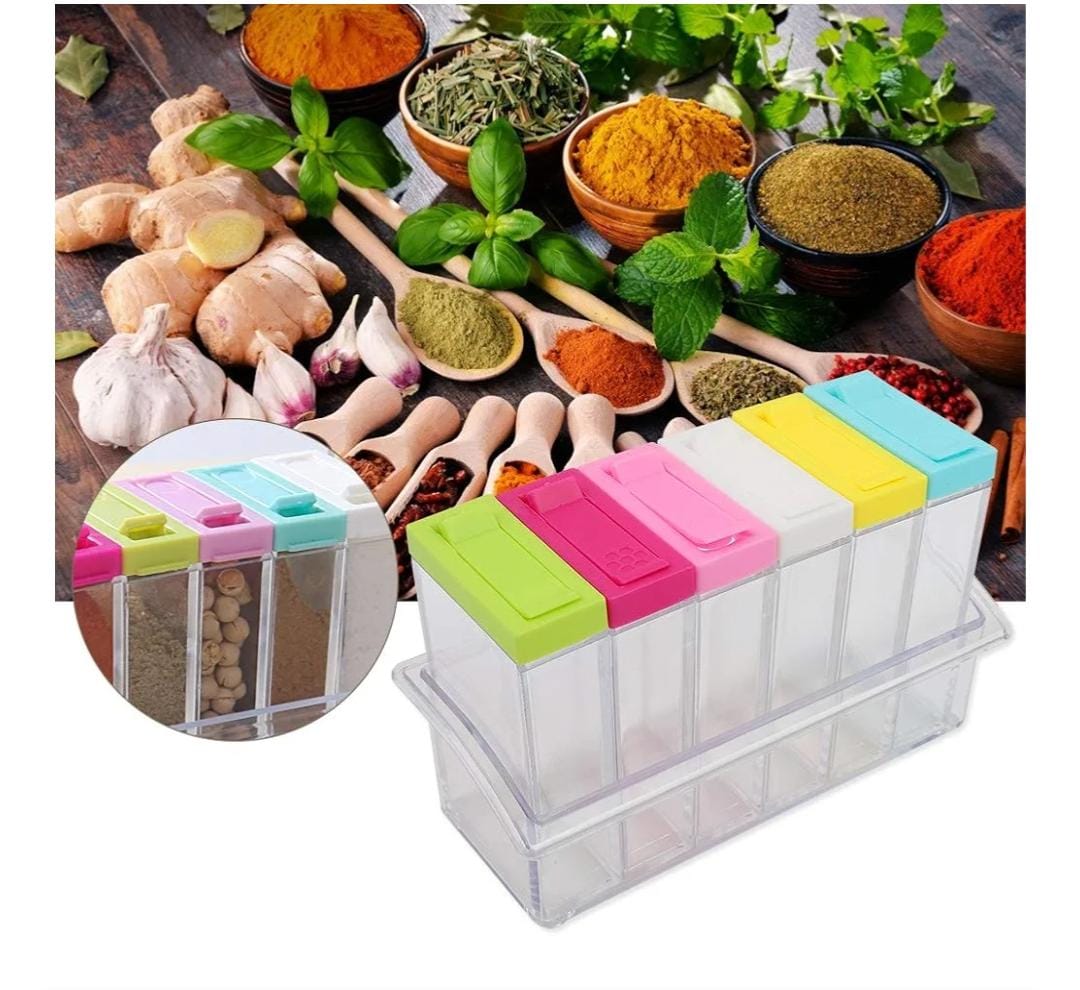 6pcs Acrylic Transparent Colourful Spice Jar Set | Airtight Seasoning Containers with Lids | Kitchen Storage Organizer for Salt, Pepper & Spices