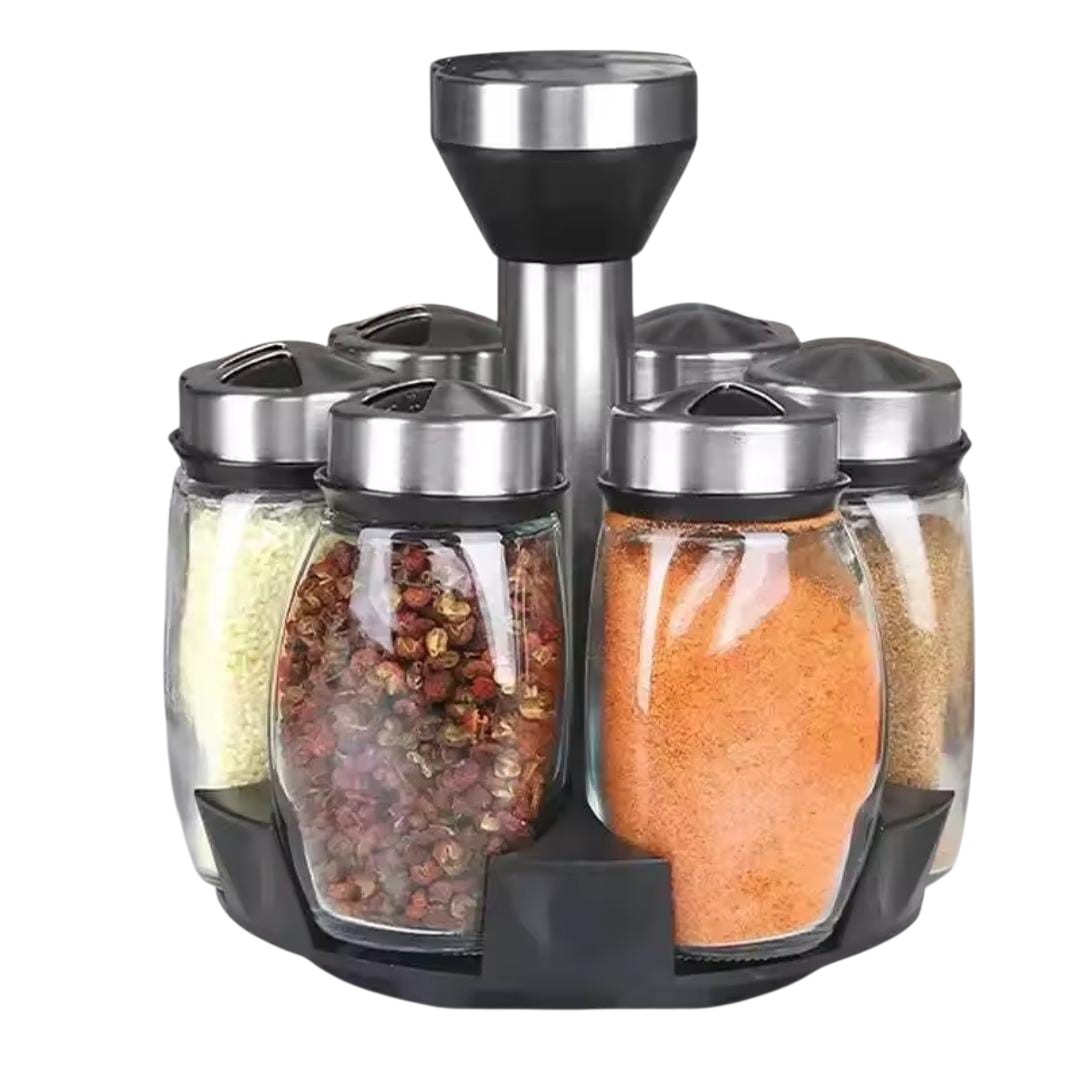 7-in-1 Rotating Spice Jar Set with Stand | Kitchen Seasoning Bottles Organizer | 360° Revolving Spice Rack | Space-Saving Condiment Storage