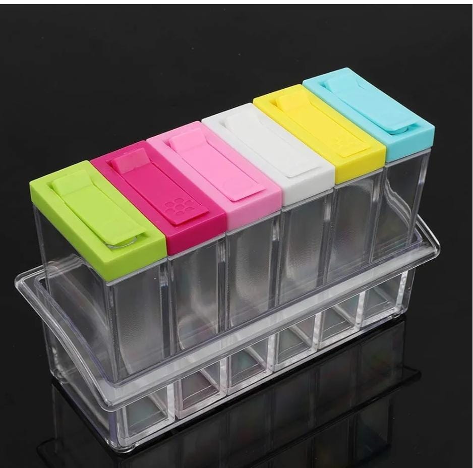 6pcs Acrylic Transparent Colourful Spice Jar Set | Airtight Seasoning Containers with Lids | Kitchen Storage Organizer for Salt, Pepper & Spices