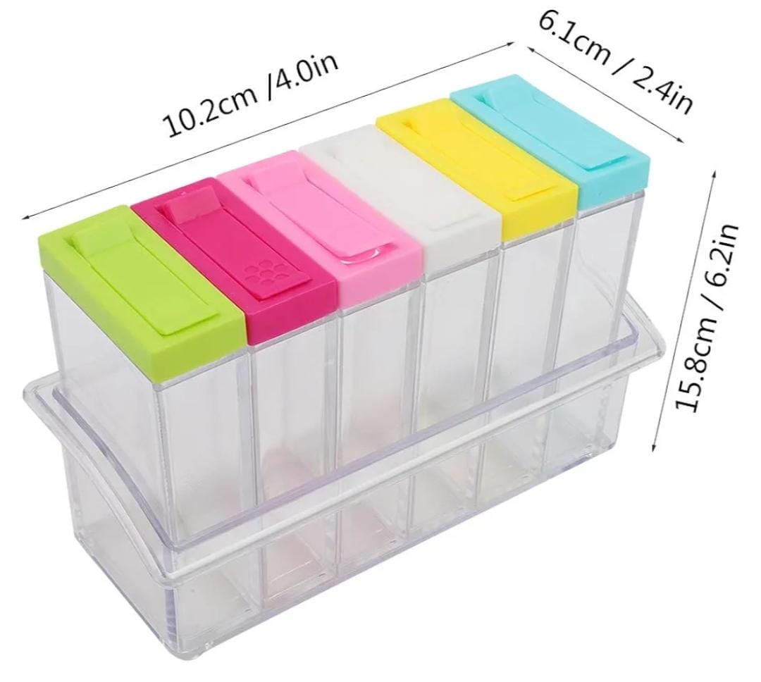 6pcs Acrylic Transparent Colourful Spice Jar Set | Airtight Seasoning Containers with Lids | Kitchen Storage Organizer for Salt, Pepper & Spices