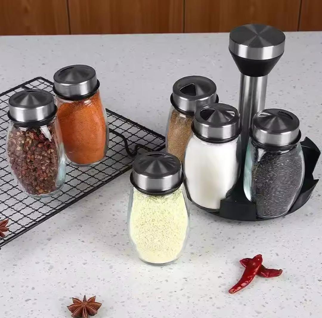 7-in-1 Rotating Spice Jar Set with Stand | Kitchen Seasoning Bottles Organizer | 360° Revolving Spice Rack | Space-Saving Condiment Storage