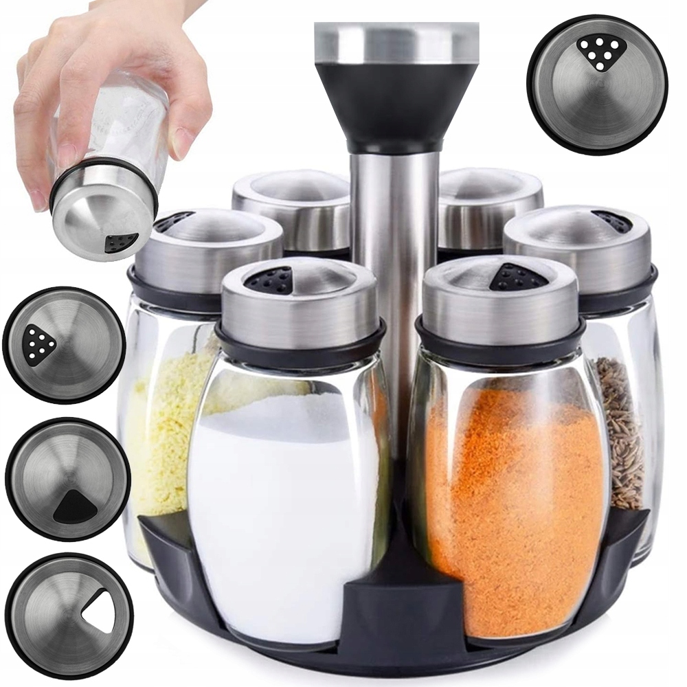 7-in-1 Rotating Spice Jar Set with Stand | Kitchen Seasoning Bottles Organizer | 360° Revolving Spice Rack | Space-Saving Condiment Storage