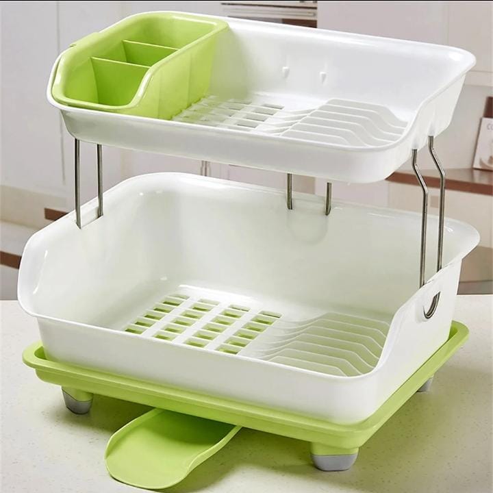 2 Tier Plastic Dish Rack with Drain Tray & Cutlery Holder – Space Saving Kitchen Dish Drying Rack Organizer