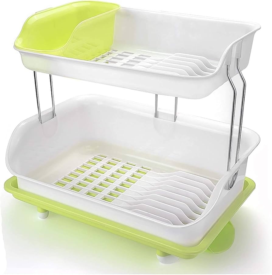 2 Tier Plastic Dish Rack with Drain Tray & Cutlery Holder – Space Saving Kitchen Dish Drying Rack Organizer