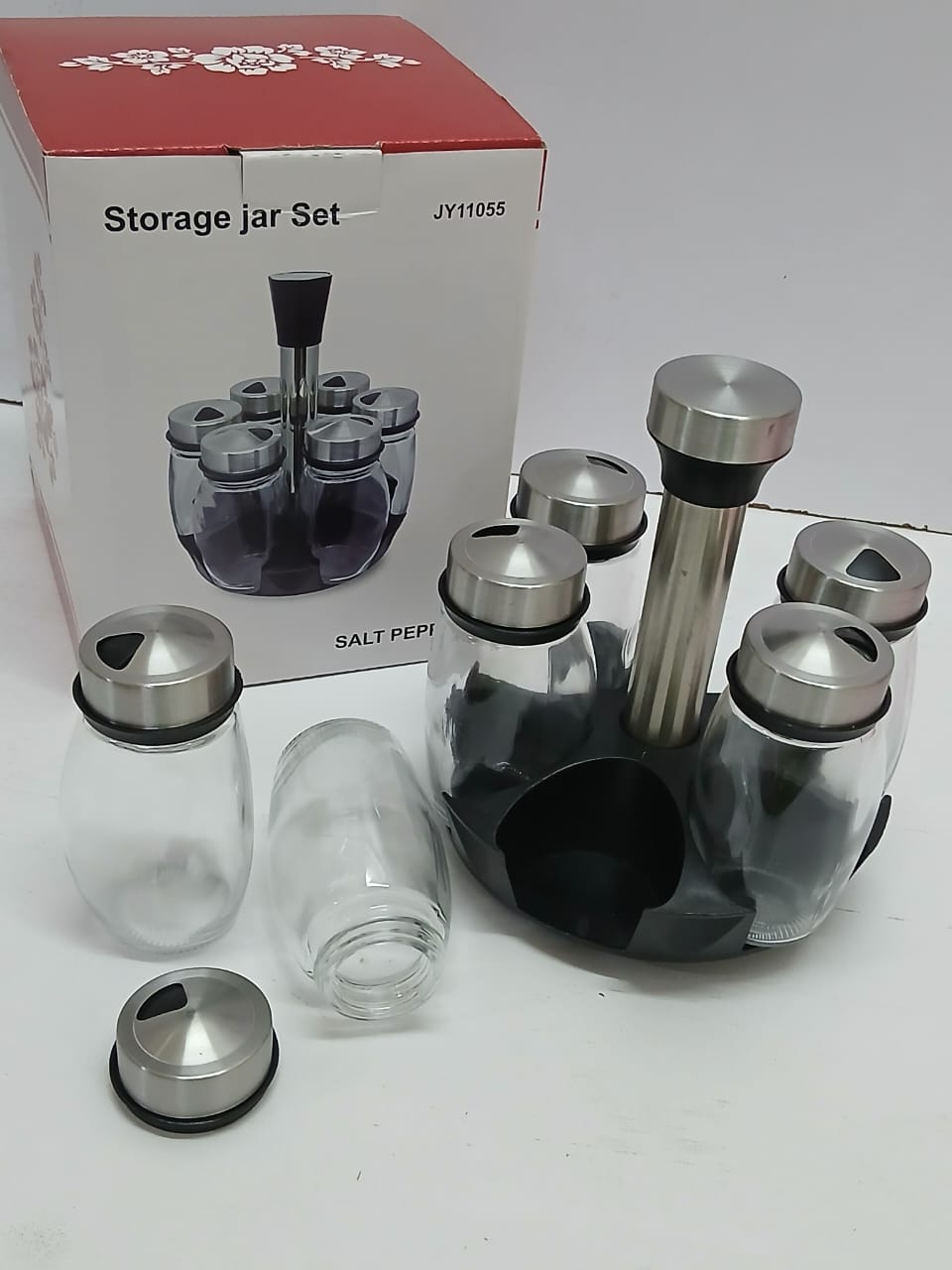 7-in-1 Rotating Spice Jar Set with Stand | Kitchen Seasoning Bottles Organizer | 360° Revolving Spice Rack | Space-Saving Condiment Storage