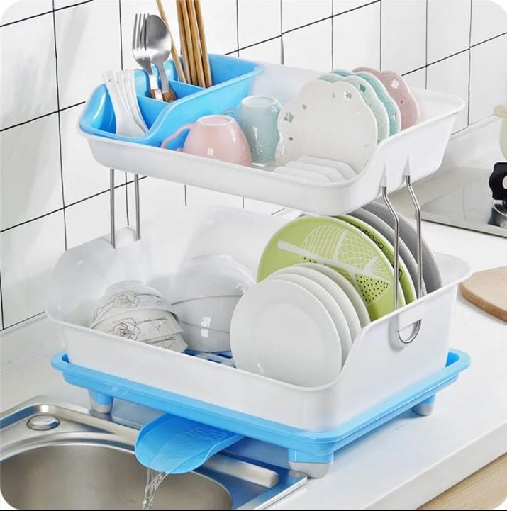 2 Tier Plastic Dish Rack with Drain Tray & Cutlery Holder – Space Saving Kitchen Dish Drying Rack Organizer