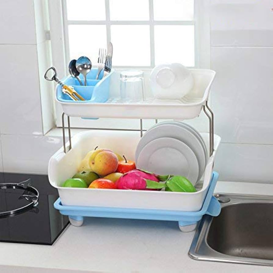 2 Tier Plastic Dish Rack with Drain Tray & Cutlery Holder – Space Saving Kitchen Dish Drying Rack Organizer