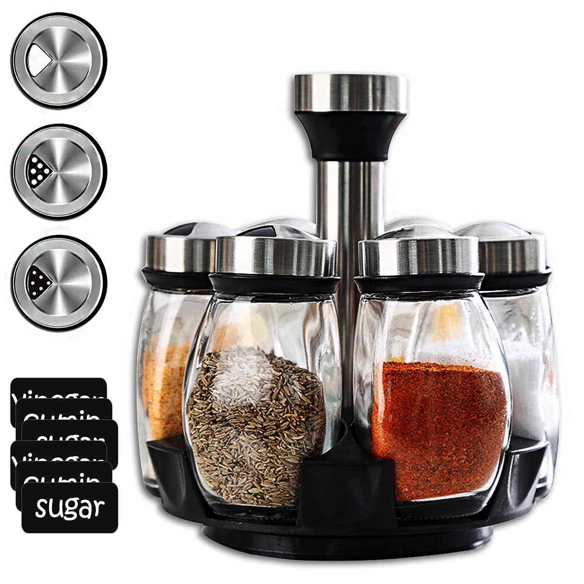 7-in-1 Rotating Spice Jar Set with Stand | Kitchen Seasoning Bottles Organizer | 360° Revolving Spice Rack | Space-Saving Condiment Storage