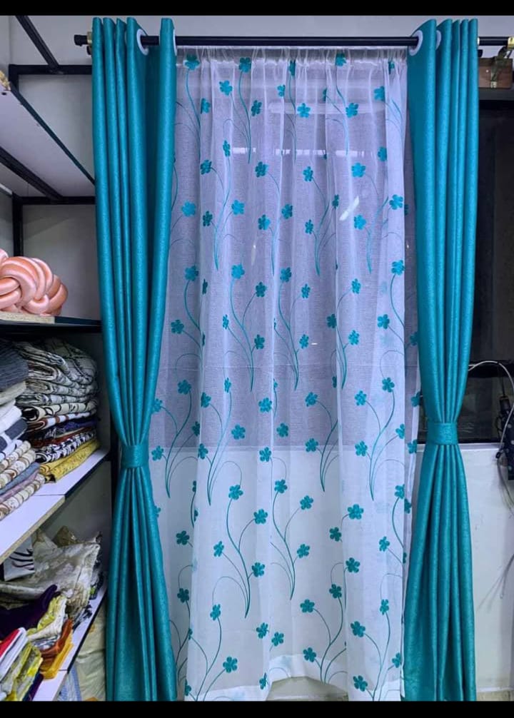 3PCS FULL SET Turquoise Blue Blackout Curtains Set | Heavy Fabric + Free Premium Heavy Sheer | Ready Made | Living Room & Bedroom