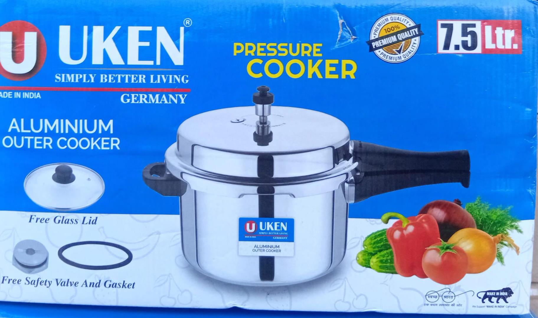 UKEN PREMIUM RANGE ONE HANDLE ALUMINIUM PRESSURE COOKER WITH GLASS LIDS, WITH FREE EXTRA GASKET & SAFTY VALUE