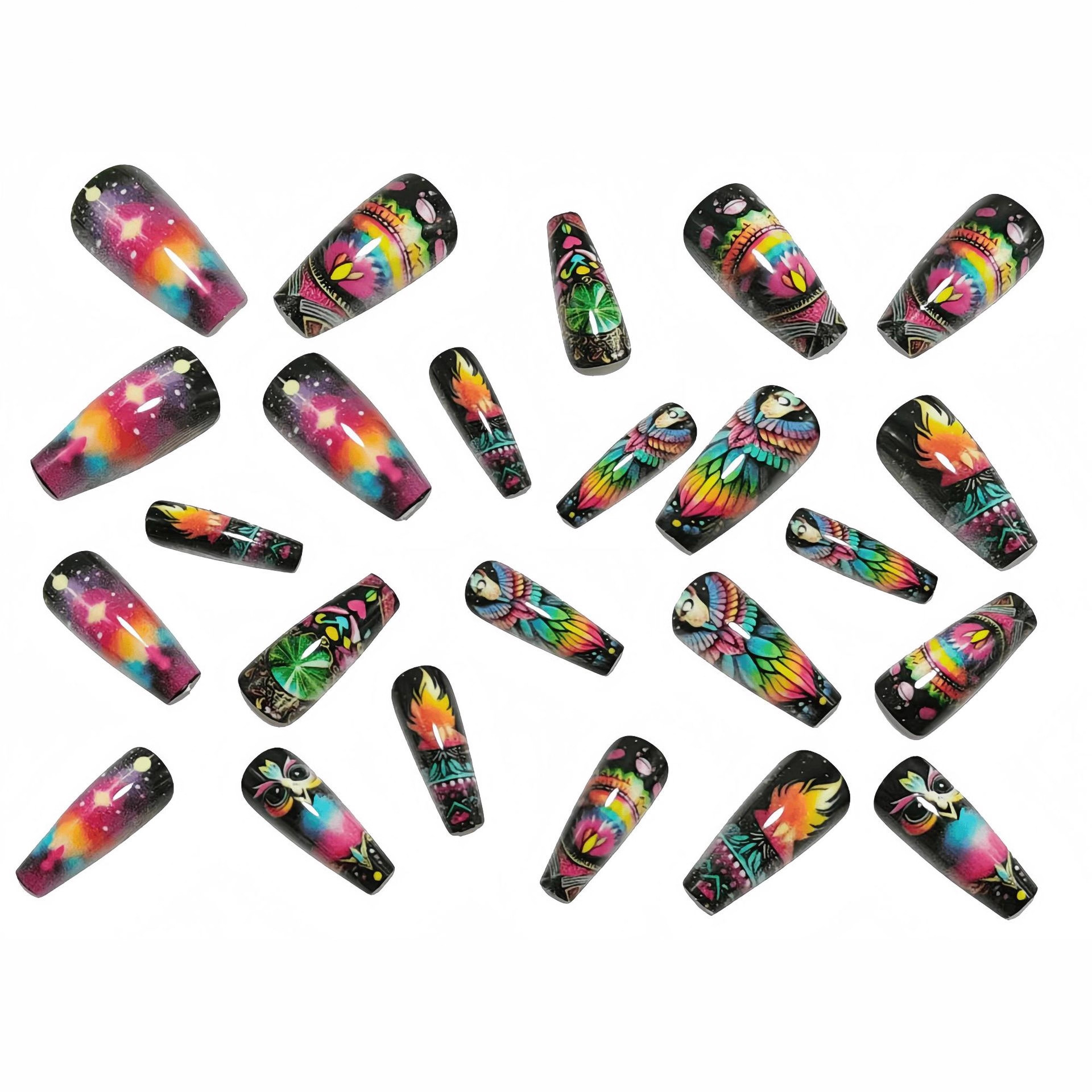 Popular long wearable nail decals in Europe and America, removable 24-piece fantasy colorful starry sky owl feather wearable fake nails view 2